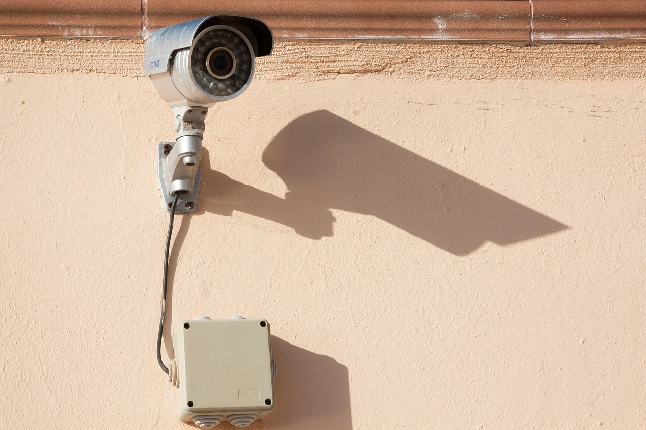 Surveillance camera on an exterior wall